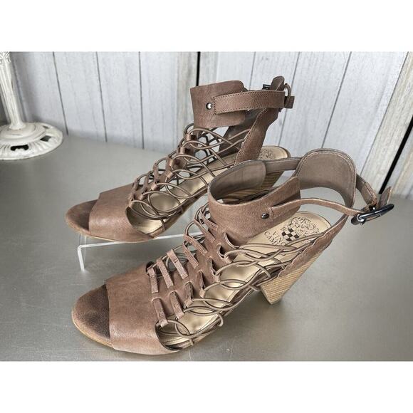 Vince Camuto Leather Caged Strappy Peep Toe Heels Size 10 Brown Gladiator - Picture 1 of 7